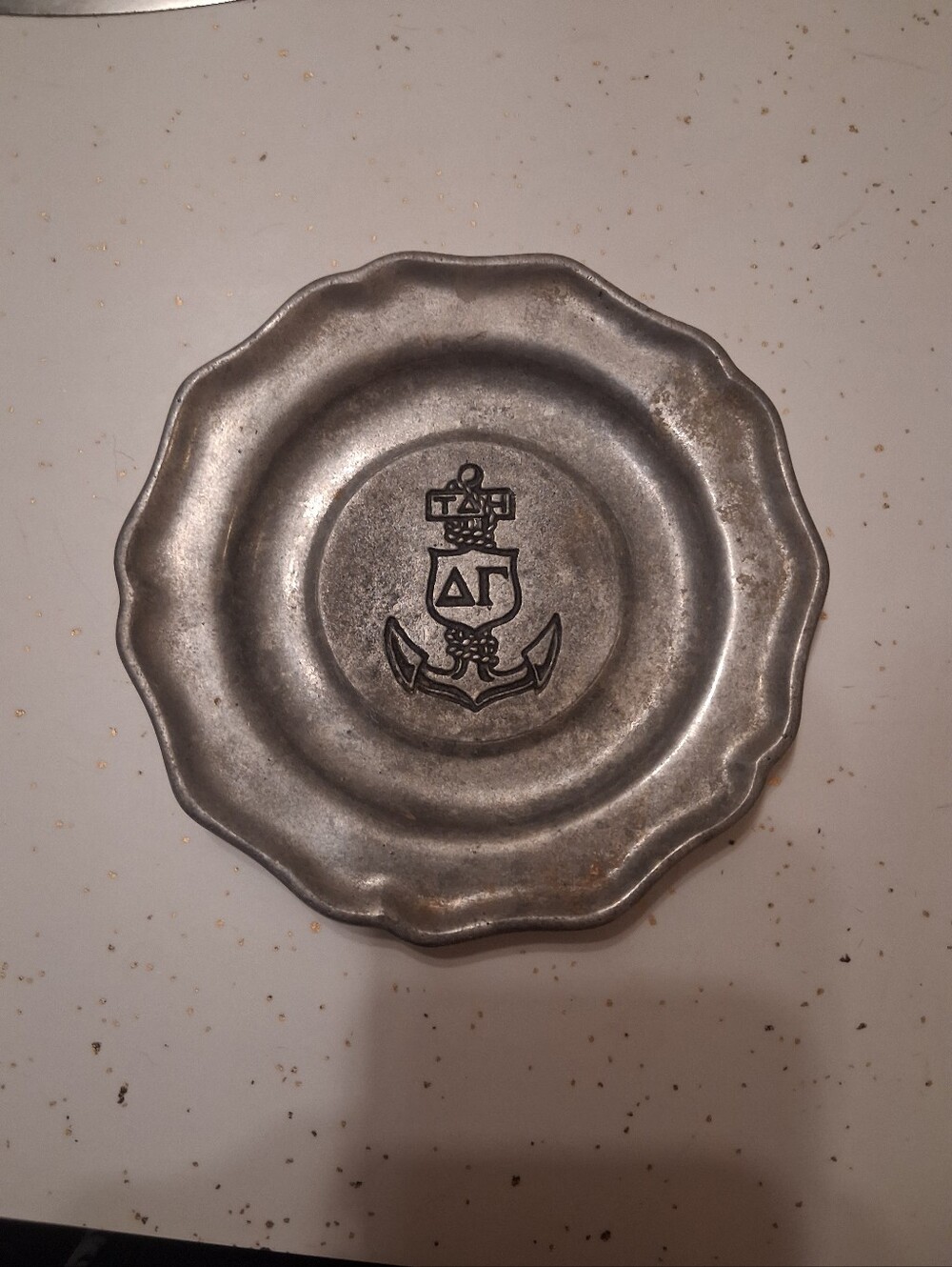 Vintage Pewter Decorative Dish With Stamped Delta Gamma Sorority Anchor Emblem